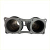 Black dual exhaust manifold with flanged ends and bolt holes in redback extreme duty twin 4 inch turbo back exhaust