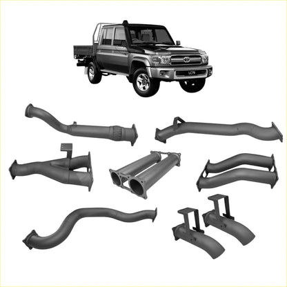 Black toyota land cruiser lc79 pickup rear with matte finish and chrome showing redback extreme duty twin 4 inch turbo back exhaust