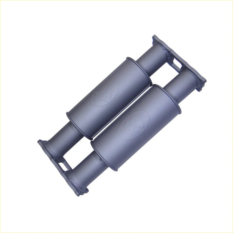 Black cylindrical redback extreme duty twin centre centre 5 inch round resonator mufflers with matte finish and embossed logo