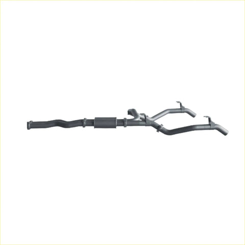 Gray metallic redback extreme duty twin exhaust with central catalytic converter and branching pipes for landcruiser back view