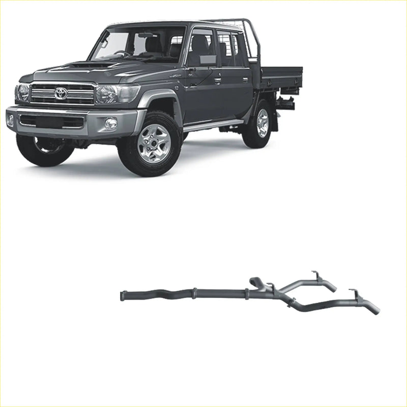 Dark gray toyota land cruiser 70 pickup with chrome grille silver wheels and redback extreme duty twin exhaust system