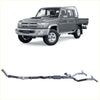 Gray metallic redback extreme duty twin exhaust system for toyota land cruiser 70 series shown from the back
