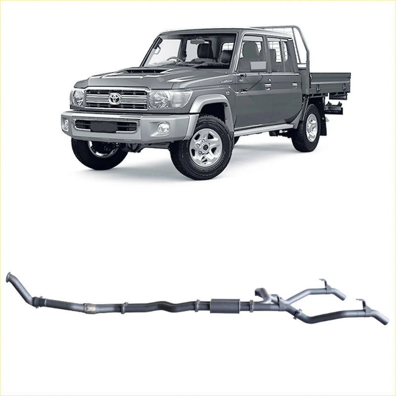 Gray metallic redback extreme duty twin exhaust system for toyota land cruiser 70 series shown from the back
