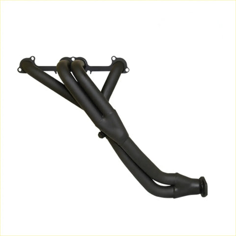 Black matte metal y-shaped exhaust manifold with flanged mounts redback header for holden rodeo ra 2.4 litre back view