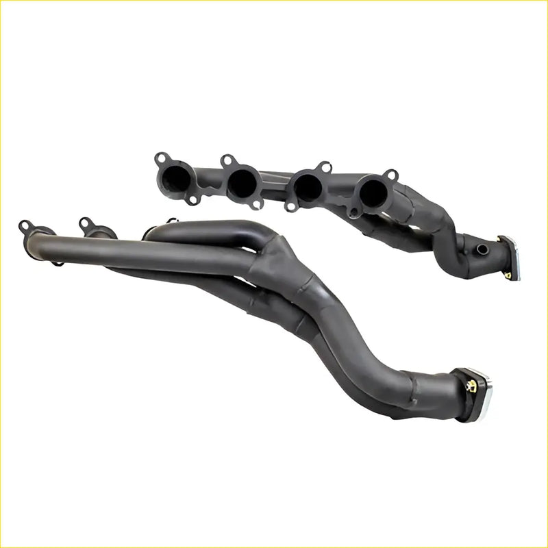 Black metallic redback header exhaust manifold with four cylindrical ports and curved tubing for toyota landcruiser