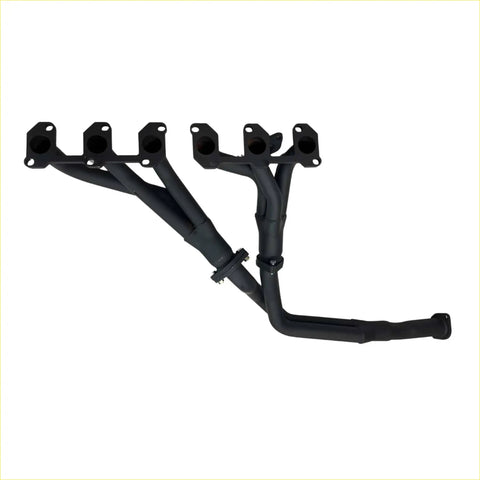 Black painted metal redback header exhaust manifold with four intake ports for toyota landcruiser hzj79 ute