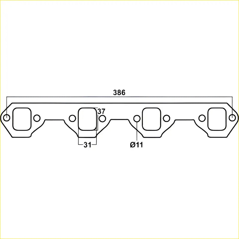 Metallic redback header gasket for ford falcon with four rectangular intake manifold ports and precise markings