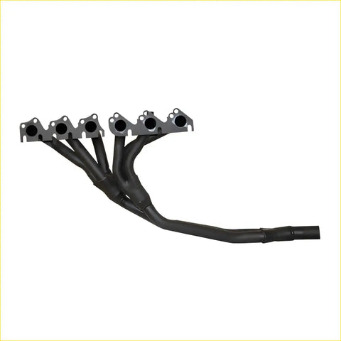 Black aftermarket exhaust manifold with four ports and smooth curves for ford falcon 01 to 82 from redback headers