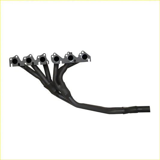 Black aftermarket exhaust manifold with four ports and smooth curves for ford falcon 01 to 82 from redback headers