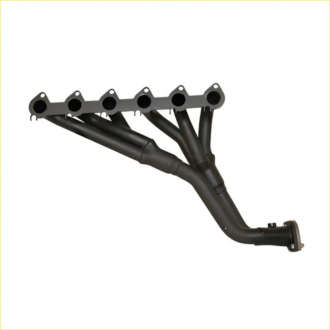 Black cast iron exhaust manifold with six ports and curved design for Ford Falcon EA EB ED EF EL AU 6 cylinder back view