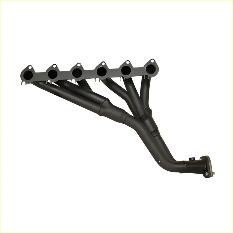 Black cast iron exhaust manifold with six ports and curved design for Ford Falcon EA EB ED EF EL AU 6 cylinder back view