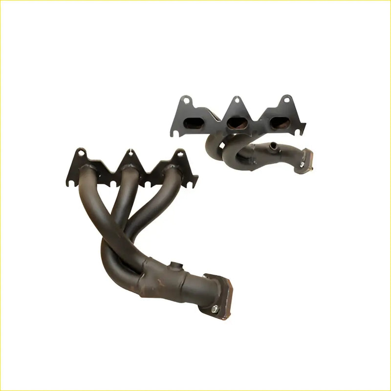 Black metal exhaust manifold with three tubes and mounting brackets for redback headers holden commodore 2004 to 2006