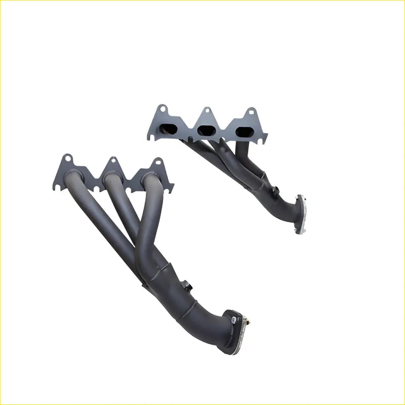Black metal exhaust manifolds with matte finish and flanged ends for redback headers on holden commodore and calais