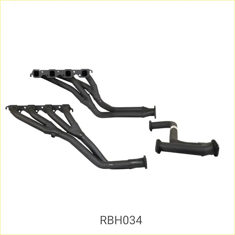 Black metal exhaust manifold set with sleek angular design and polished finish for redback headers holden commodore v8