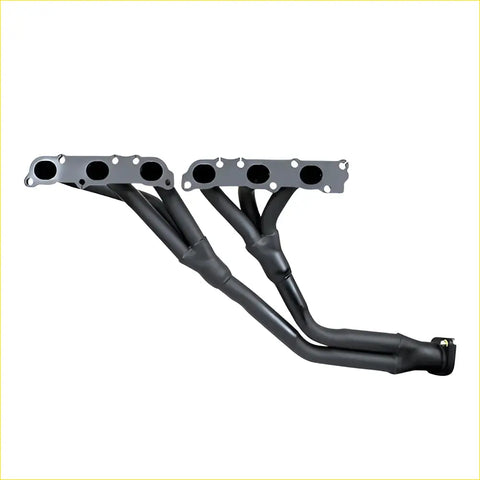 Black dual-exhaust manifold with matte finish and flanged mounting surfaces for redback headers toyota landcruiser 105 backside