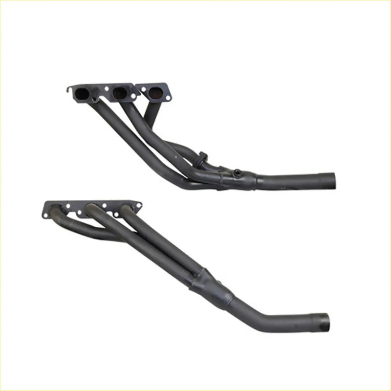 Black metal exhaust manifolds with matte finish and flanged ends for redback headers to suit holder commodore vs 3.8l ecotec v6