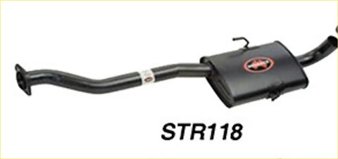 Black 2.5 inch cat back exhaust with rectangular muffler and redback logo on the back side for holden commodore vs