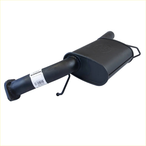 Black redback 2.5 inch rear muffler with cylindrical pipe and rectangular housing for ford falcon au irs back view