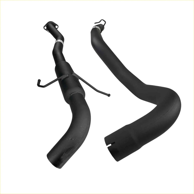 Black automotive exhaust manifold and pipe assembly with metallic fittings for redback performance exhaust on holden commodore vs v6 ute