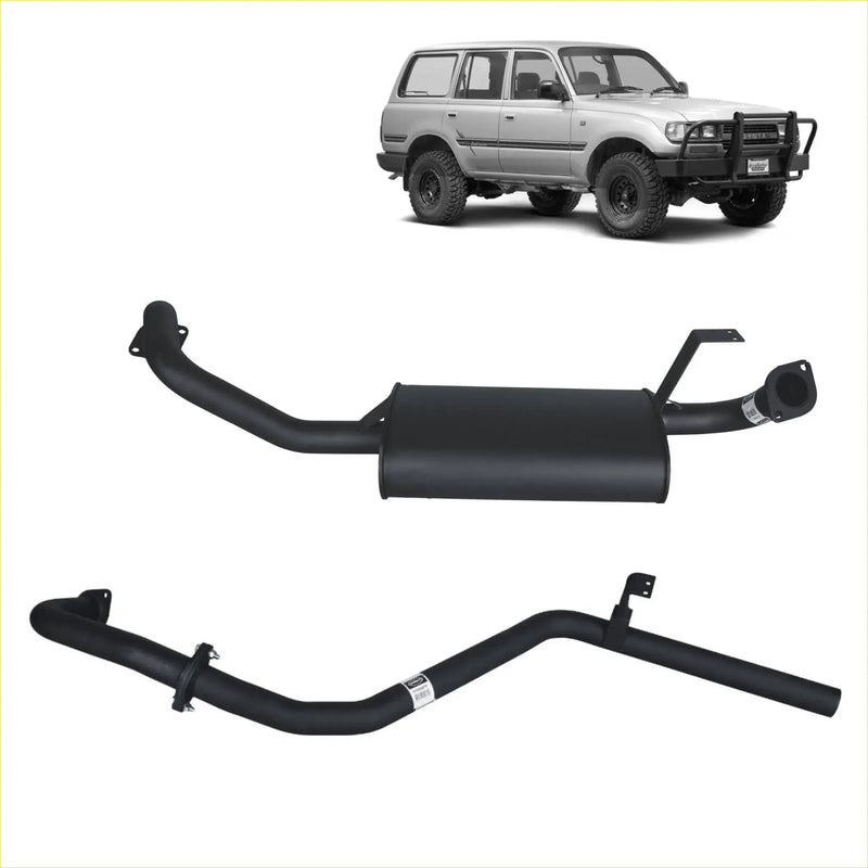 Black aftermarket Redback performance exhaust system for Toyota Landcruiser 80 series with cylindrical muffler and curved pipes