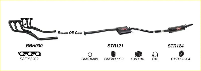 Black exhaust manifold and pipe system with red logo on muffler housing back side for redback performance exhaust system