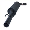 Black cylindrical exhaust muffler with flanged inlet outlet and side mount bracket from redback performance exhaust system