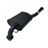 Black cylindrical exhaust muffler with matte finish and two curved pipes with mounting brackets from redback performance exhaust system