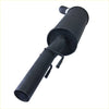 Black cylindrical redback performance exhaust system with flanged end and mounting brackets shown from the back side