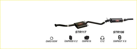 Black redback performance exhaust system showing back side with central resonator and flared tailpipe with red logos