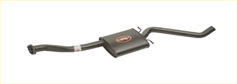 Black redback performance exhaust system back view with red logo on central rectangular housing and curved metallic pipes