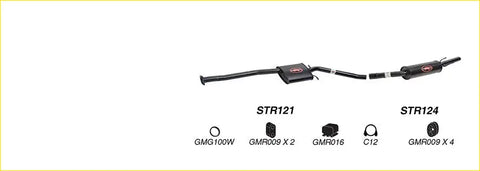 Black redback performance exhaust system with central resonator flanged ends and red logo badges on main housing