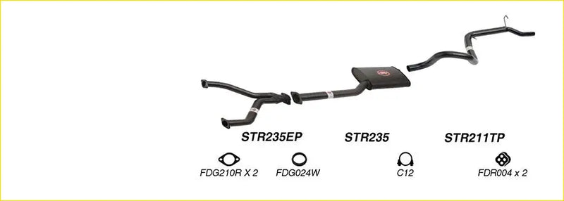 Black redback performance exhaust system for ford falcon with central resonator and red logo on back side