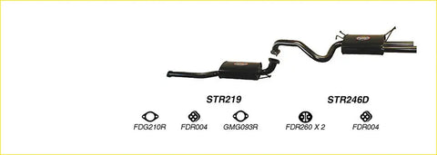 Black redback performance exhaust system with curved pipe and two rectangular mufflers for ford falcon back side