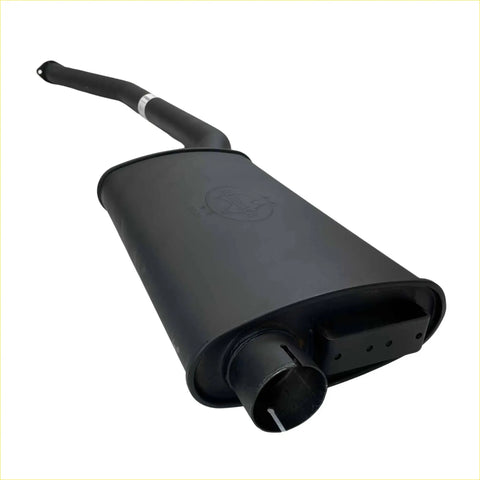 Black matte Redback performance exhaust muffler with curved pipe and flange for Ford Falcon 1992 back side view