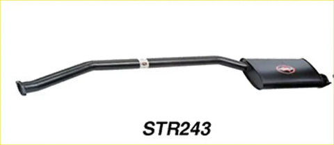 Black metal exhaust pipe with curved design and rectangular muffler end featuring red logo for ford falcon 07 1998 back view