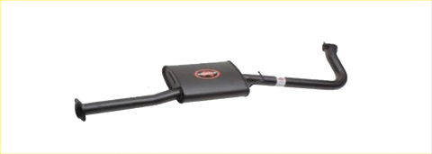Black redback performance exhaust system with central rectangular housing and red circular logo for ford falcon 98-02