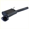 Black metal exhaust muffler with cylindrical body and flanged bracket for redback performance exhaust ford falcon back view