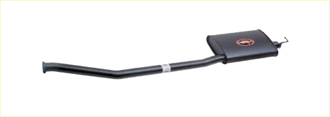 Backside view of black rubberized redback performance exhaust system with red logo for Ford Falcon 98 model