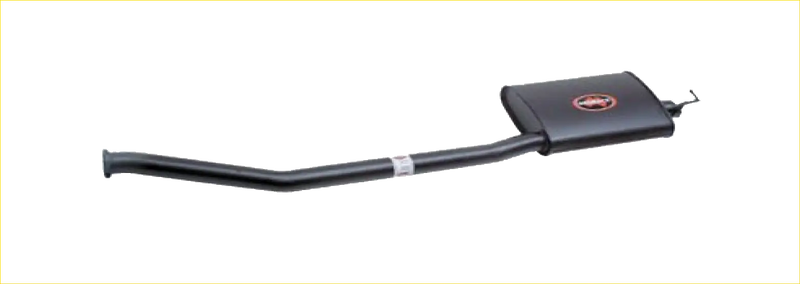 Backside view of black rubberized redback performance exhaust system with red logo for Ford Falcon 98 model