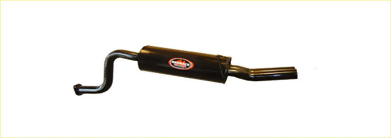 Black metal exhaust pipe with curved design and orange logo rear view for redback performance ford falcon exhaust system