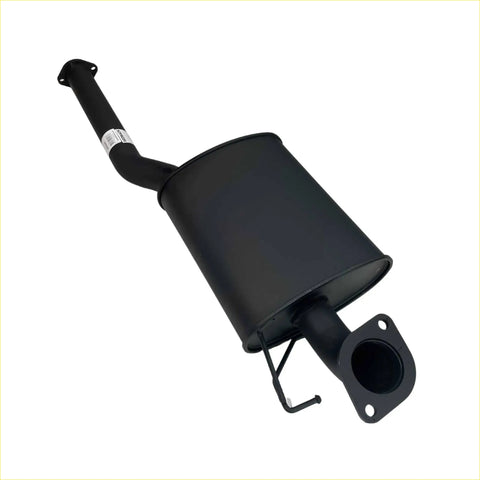 Black metal exhaust muffler with cylindrical body and flanged ends for redback performance exhaust system ford falcon