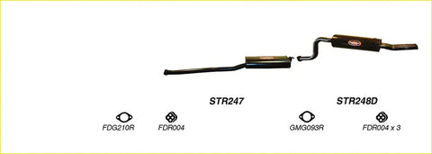 Black metal redback performance exhaust system with central muffler and curved tailpipe for ford falcon 09 2002 back view