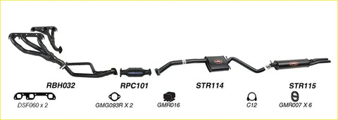 Black Redback performance exhaust system components with red logo accents for Holden Calais 01 1988 back view