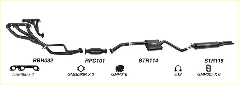 Black Redback performance exhaust system components with red logo accents for Holden Calais 01 1988 back view