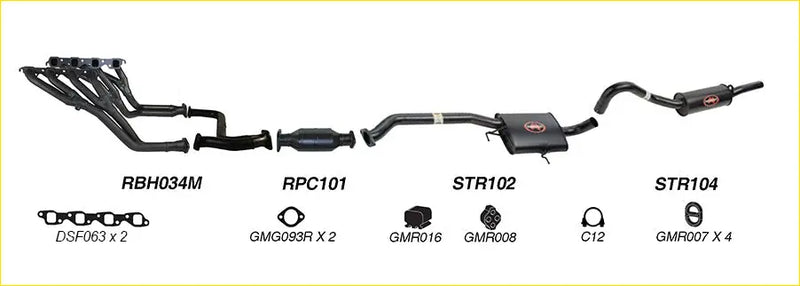 Black redback performance exhaust system with central catalytic converter and dual header pipes for holden calais back side