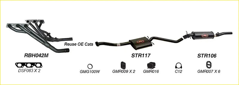 Black aftermarket Redback performance exhaust system for Holden Caprice with labeled parts rbh042m str117 str106