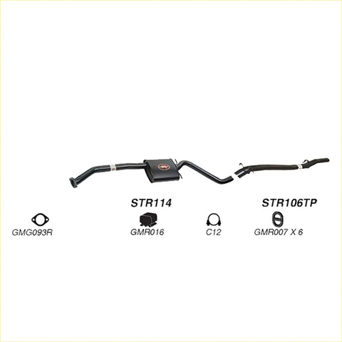 Black Redback performance exhaust system for Holden Caprice with central resonator housing and flanged ends shown from back side