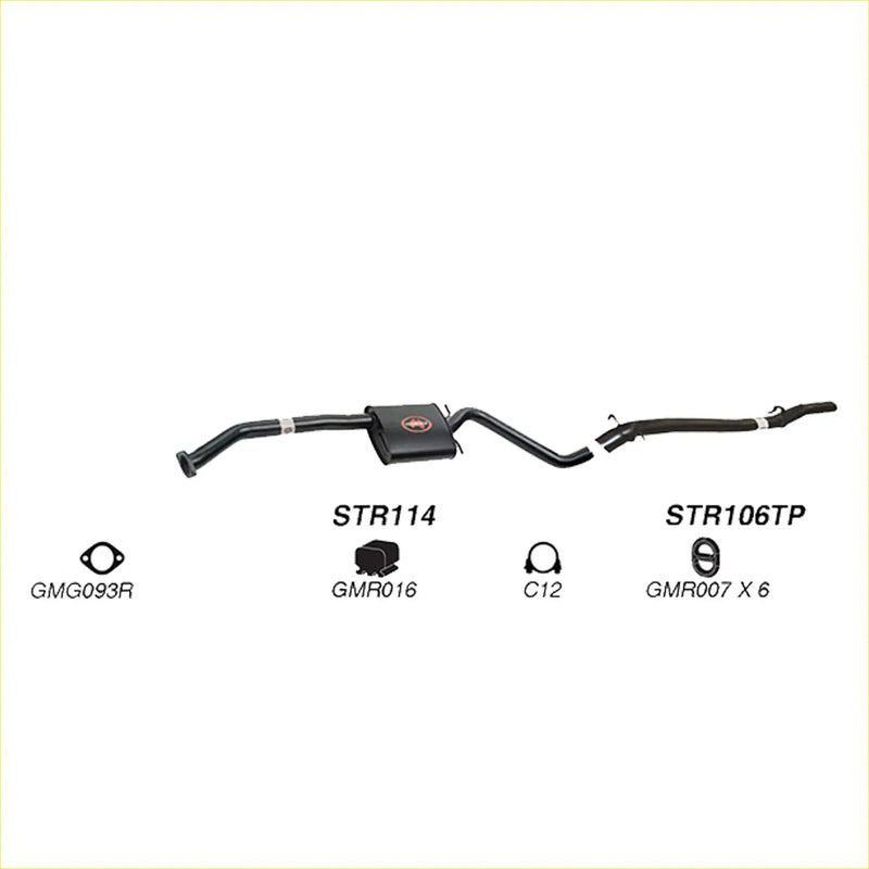 Black Redback performance exhaust system for Holden Caprice with central resonator housing and flanged ends shown from back side