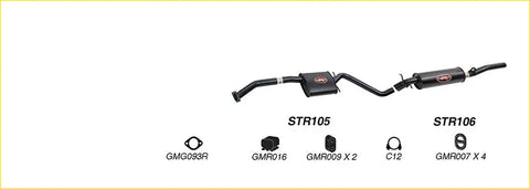 Black Redback performance exhaust system for Holden Caprice featuring central resonator and two red logo mufflers back view