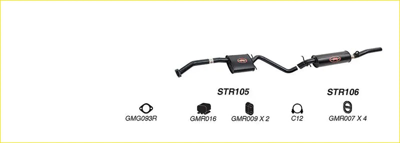 Black Redback performance exhaust system for Holden Caprice featuring central resonator and two red logo mufflers back view